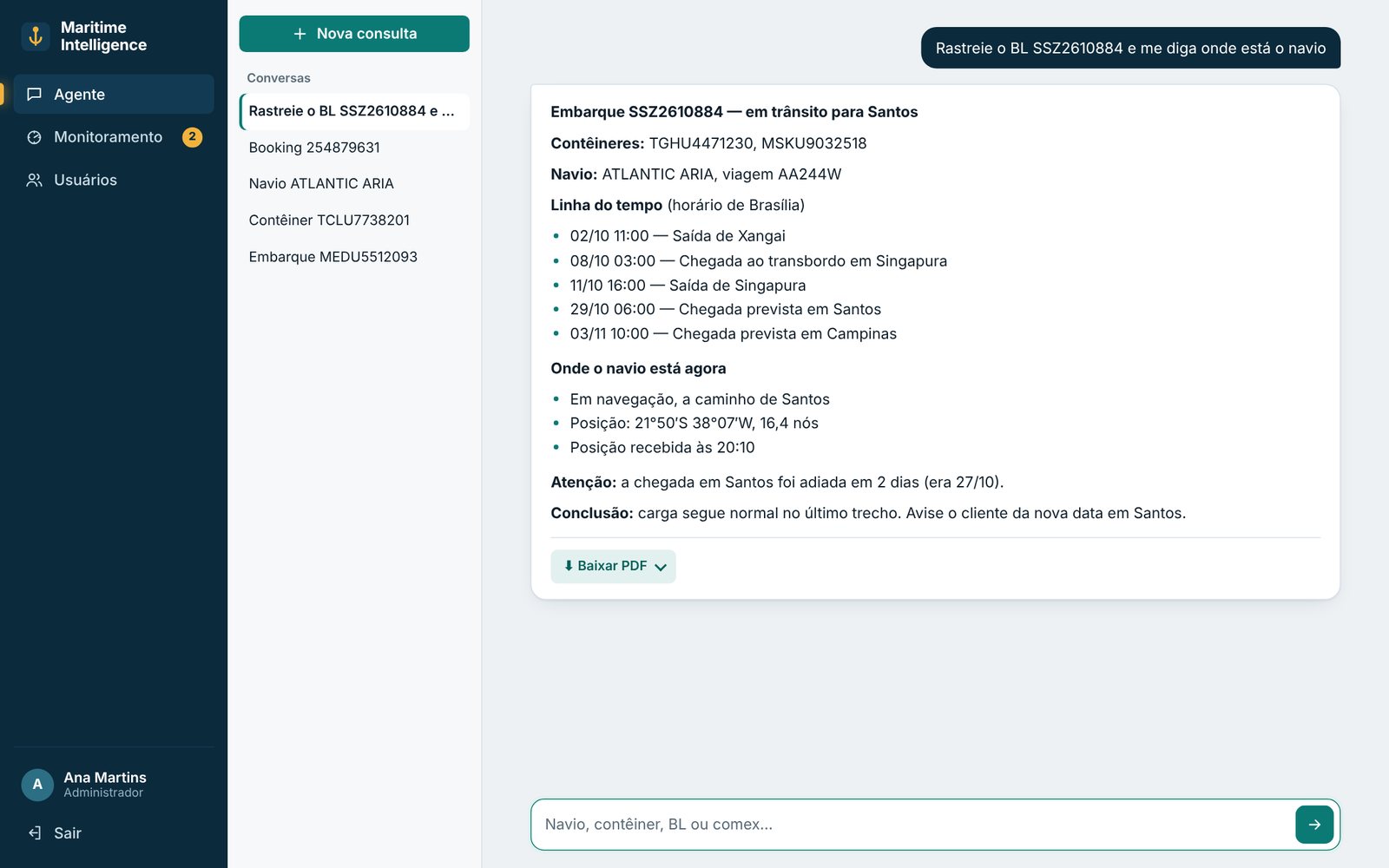 Painel do agente marítimo mostrando o tracking de um BL, a linha do tempo e onde o navio está agora