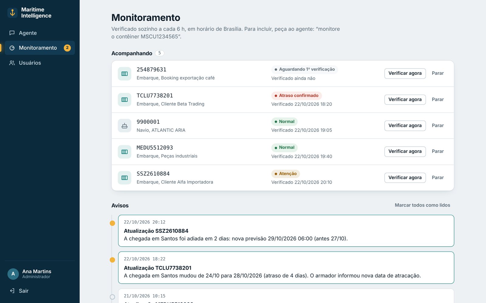 Tela de monitoramento com contêineres classificados como Normal, Atenção e Atraso confirmado, e avisos de mudança de previsão